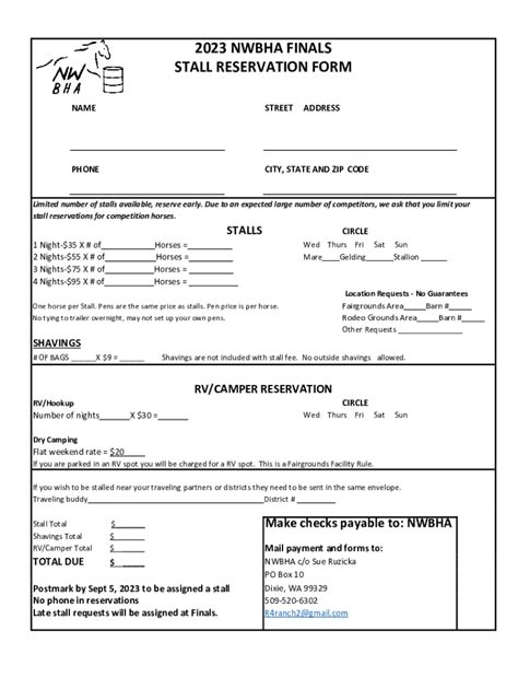 Fillable Online 2023 NWBHA FINALS STALL RESERVATION FORM Fax Email