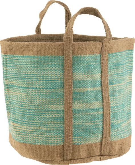 J Line Mand Rond Met Handvaten Jute Naturel Azuur 60x40x40cm Bol