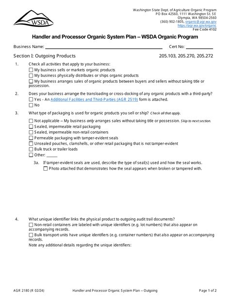 Form Agr2180 Section I Download Printable Pdf Or Fill Online Outgoing Products Handler And