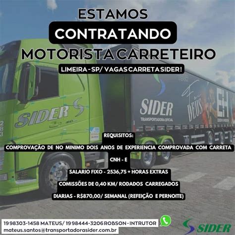 Em Limeira SP Transportadora Sider Contrata Novos Motoristas