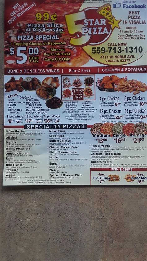 Menu At 5 Star Pizza Visalia Pizzeria Visalia