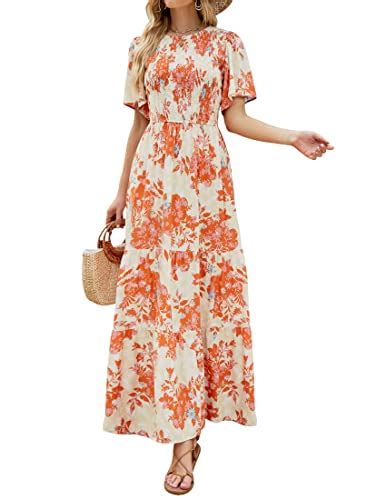 Zesica Womens 2024 Summer Casual Floral Print Short Flutter Sleeve Crew Neck Smocked High Waist