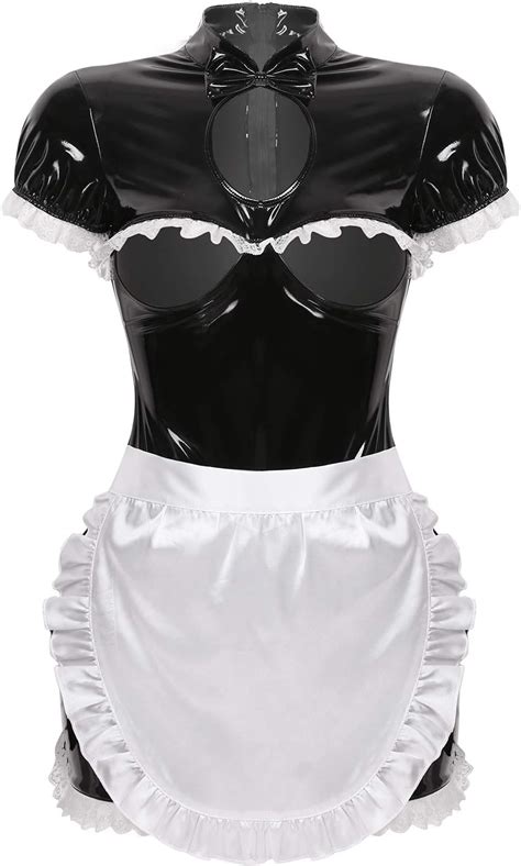 Freebily Womens French Maid Cosplay Costume Wet Look Pvc Leather Bodycon Mini Dress With Apron