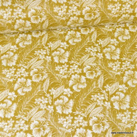 Tissu Cretonne Coton Hibiscus Motifs Feuilles Exotique Moutarde