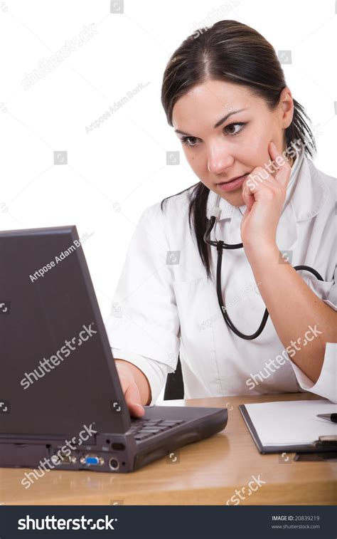 Attractive Brunette Woman Desk Over White Stock Photo