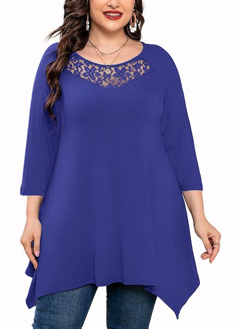 SHOWMALL Plus Size Shirt 3 4 Sleeve Royal Blue 4X Lace Crewneck