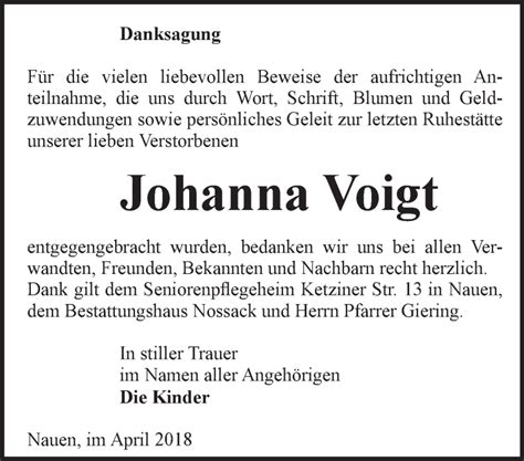 Traueranzeigen Von Johanna Voigt M Rkische Onlinezeitung Trauerportal