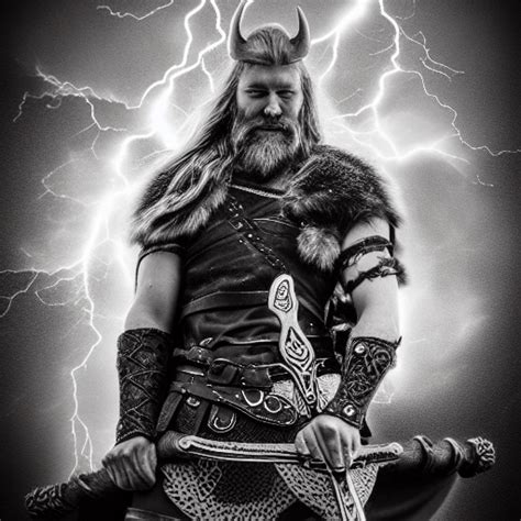 Viking Warrior Kneeling With Sword Under Lightning And Thunder Sky