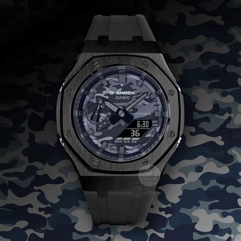 G Shock Mod With Black Steel Case Grey Camo Face Black Strap And Black