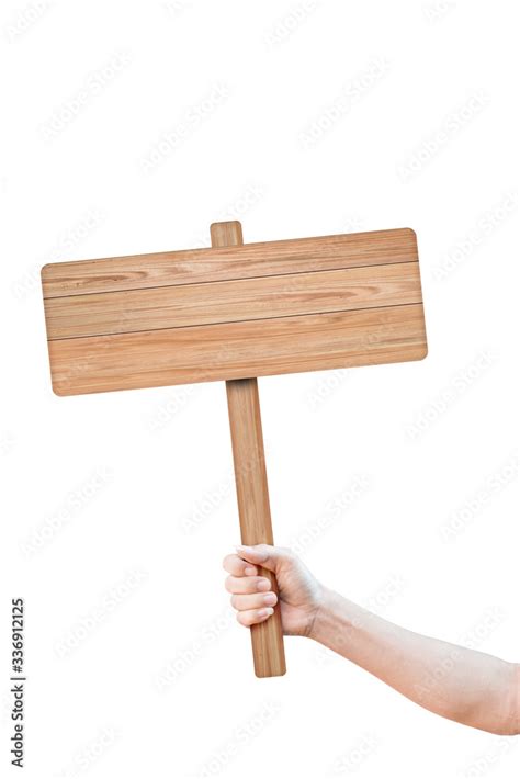 Hand Holding Wooden Sign Isolated On White Background With Clipping