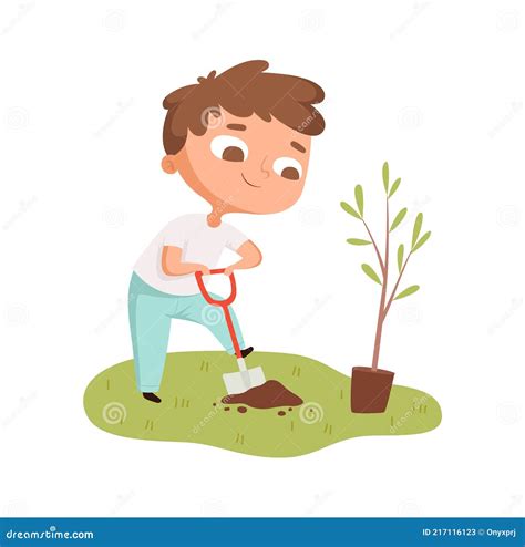 Niño Plantando árbol Niño Cavando Agujero Dibujos Animados Bebé Planta