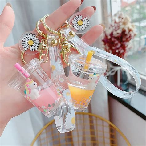 Glitter Quicksand Key Chain Liquid Floating Unicorn Keyring Keychain Bag Charm Milk Tea Cup