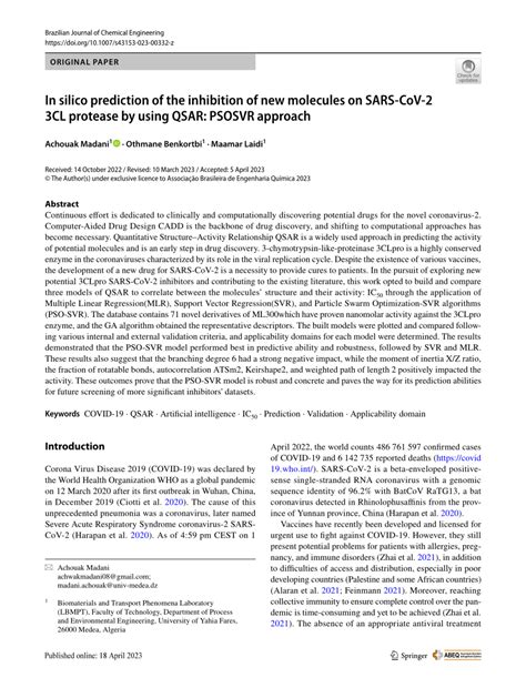 PDF In Silico Prediction Of The Inhibition Of New Molecules On SARS