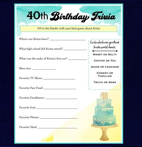 Custom 40th Birthday Trivia Game Instant Download Birthday Trivia Game