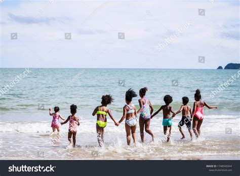 African American Kids Group Swimwear Enjoying Stock Photo 1748949344