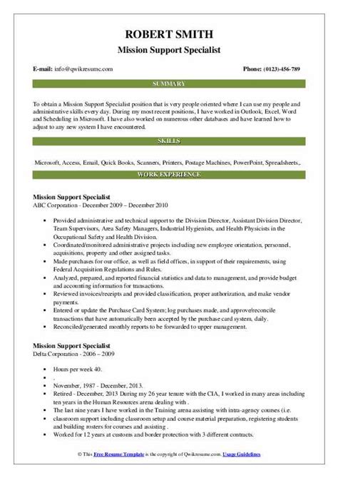 Mission Support Specialist Resume Samples Qwikresume