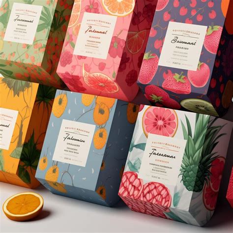 A Collection Of Colorful Boxes With Tropical Fruits On Them Premium