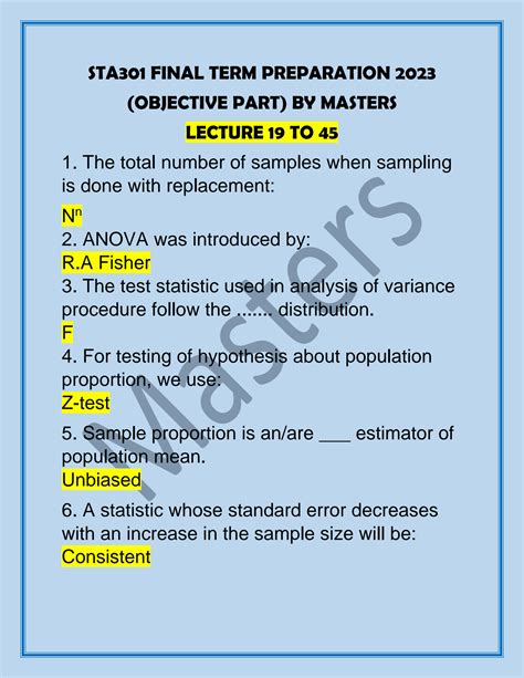 Solution Sta Final Term Mcqs By Masters Studypool