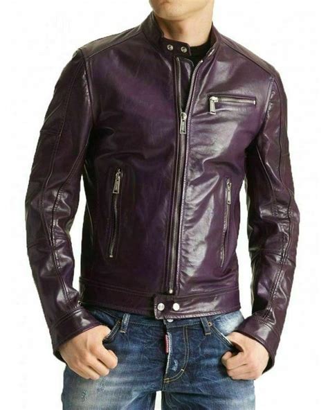 Herren Lila Lederjacke Biker Slim Fit Motorrad Vintage Cafe Racer Jacke