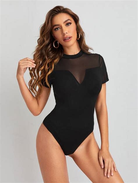 SHEIN Sheer Mesh Insert Tee Bodysuit SHEIN IN