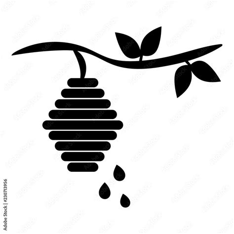 Simple beehive hanging from a branch illustration. Black silhouette ...