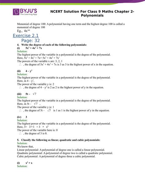 Ncert Solutions Class 9 Maths Chapter 2 Polynomial Download Now