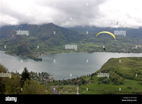 Paragliding Above Lake Lac De Annecy Annecy France Stock Photo Alamy