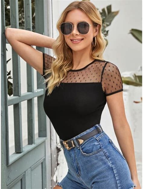 Buy Shein Sheer Dobby Mesh Yoke Form Fitted Tee Online Topofstyle