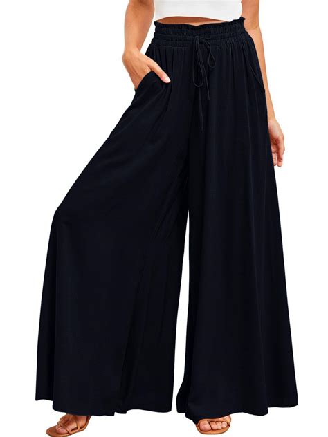 Womens Casual Wide Leg Pants Ruffle Elastic Drawstring Beach Palazzo