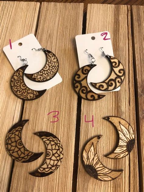 Crescent Moon Wood Burned Mandala Sunflower Earrings Etsy Wood