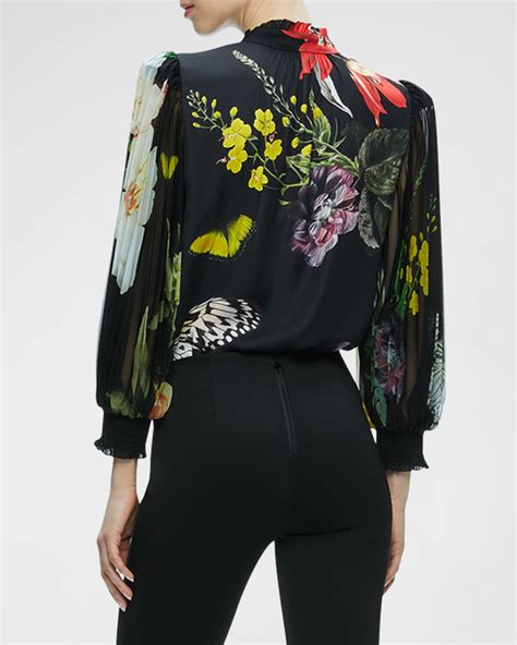 Alice Olivia Ilan Essential Floral Pleated Button Front Blouse