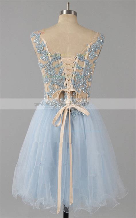 Light Blue Mini Sleeveless A Line Tulle Off The Shoulder Lace Up Short