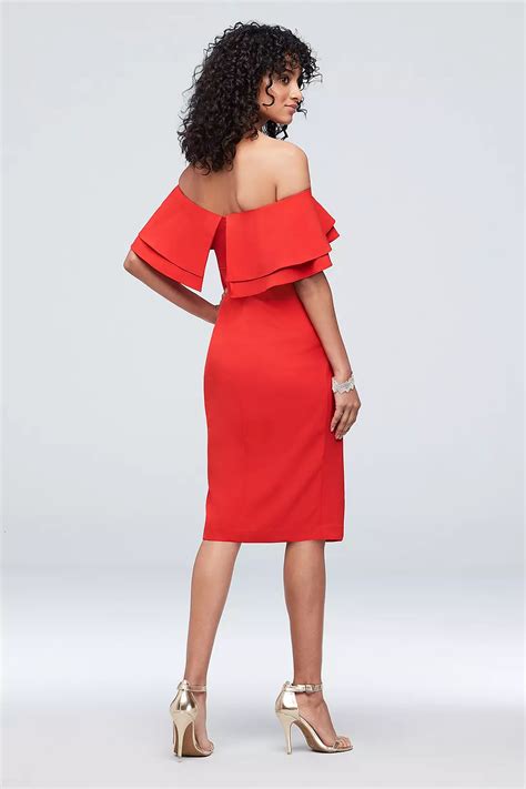 Flounced Crepe Off The Shoulder Sheath Dress Davids Bridal