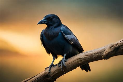 Premium Photo A Black Crow Sits On A Branch With The Sun Shining On It