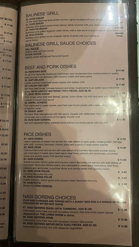 Menu at Java Restaurant, Randwick