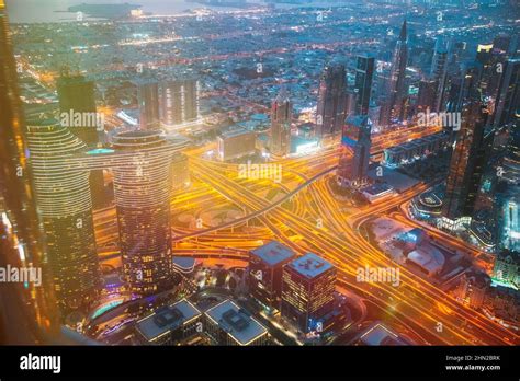 Aerial View Of Evening Night Traffic Of Dubai. City Street Night ...