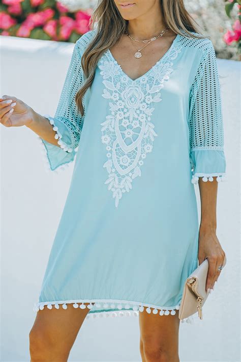 Us 759 Drop Shipping Light Blue Crochet Pom Pom Trim Beach Tunic