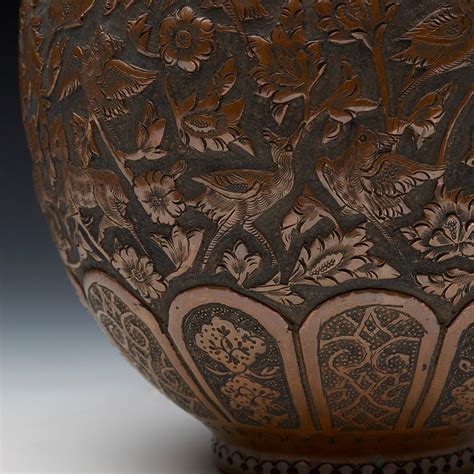 Antique Persian Copper Vase With Birds And Animals 19th C Mt1104013