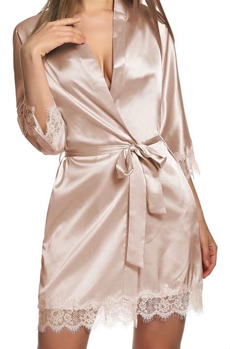 Balancora Damen Morgenmantel Bademantel Satin Sexy Kimono Mit Taschen