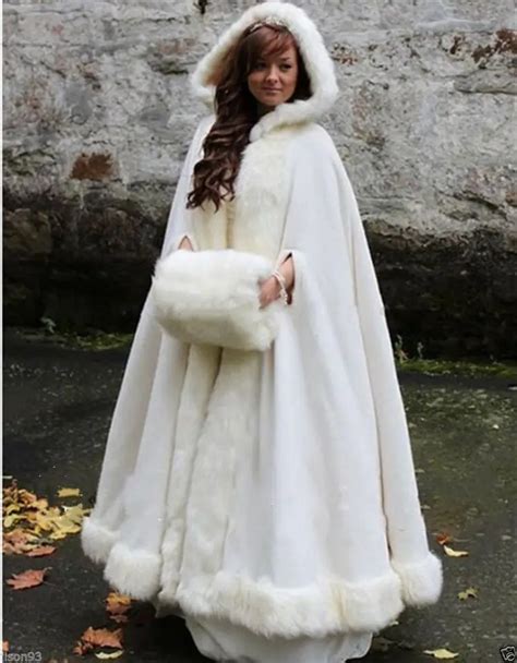 White Ivory Bridal Cape Wedding Cloaks Hooded With Faux Fur Trim Warm