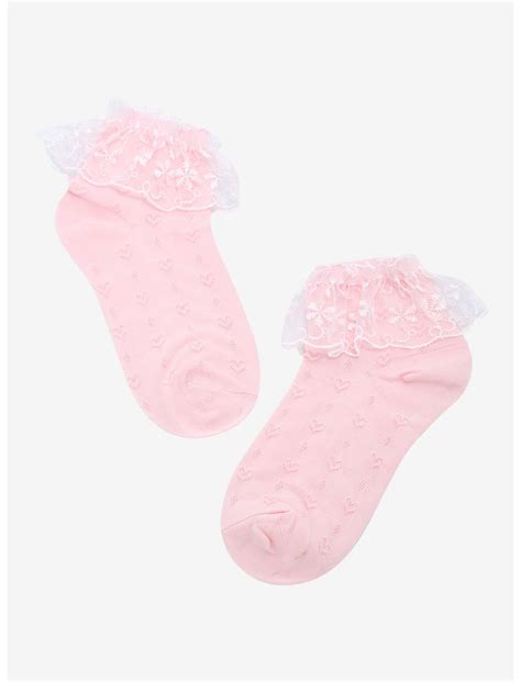 Pink Heart Pointelle Lace Ruffle Ankle Socks Hot Topic