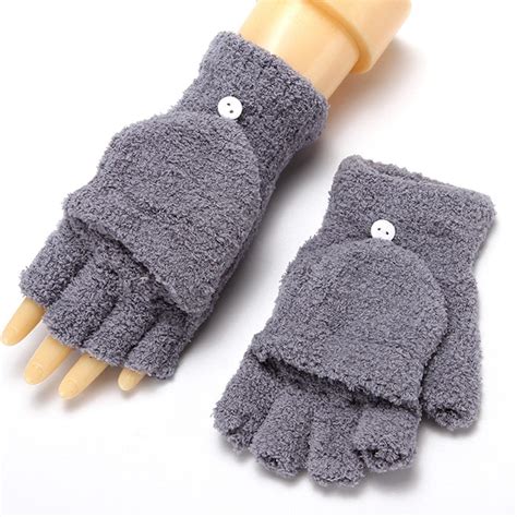 Hequ Unisex Half Finger Flip Gloves Women Coral Velvet Cold Proof