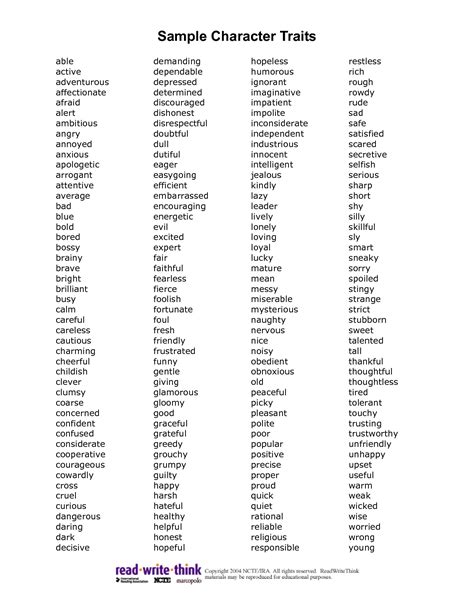 Printable List Of Good Character Traits