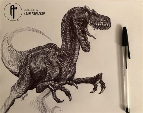 Commissioned retro Velociraptor design. Ballpoint pen. : r/drawing