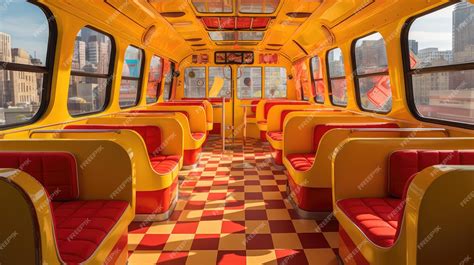 Premium Photo | Interior of doubledecker tourist bus retroinspired design colorful seats round ...