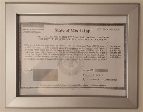 Business License Certificate Frame State Of Mississippi 85