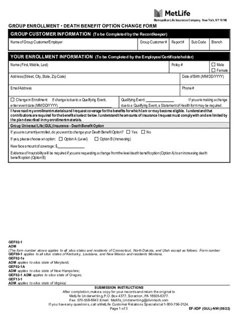 Fillable Online Metlife Enrollment And Change Form Ozaukee County Fax