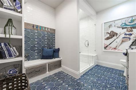 Pool House Bathroom With Blue Cement Tiles Cottage Bathroom