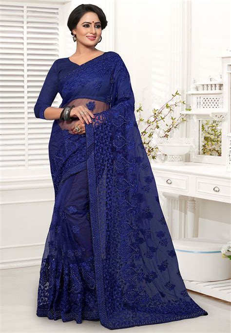 Embroidered Net Saree In Navy Blue Net Saree Saree Designs Trendy