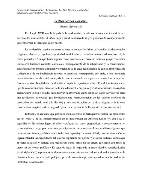 Resumen De Lectura N Echeverr A El Ethos Barroco Y Los Indios